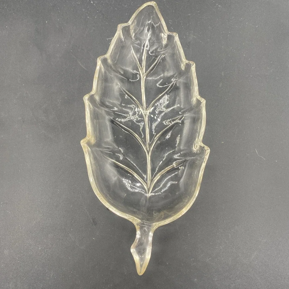 VTG Lot 2 Hazel Atlas Leaf Shaped Relish Dish Nut Candy Clear Glass